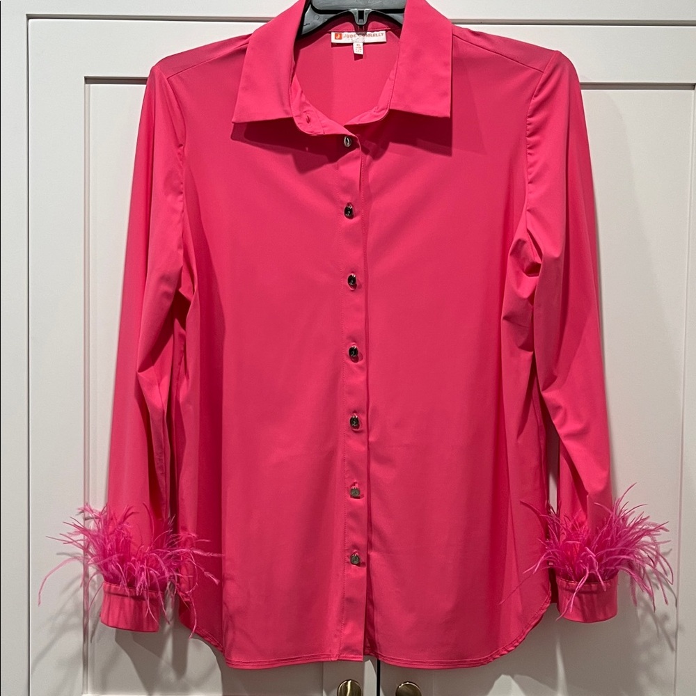 Jude Connally Bright Pink Feather Cuff Button Down Shirt Size XL